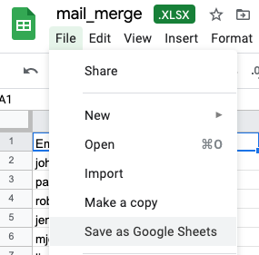 Shows how to save an Excel file as Google Sheets