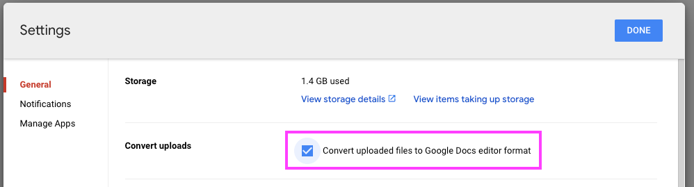 Shows how to configure the setting to convert uploaded files to Google Docs automatically