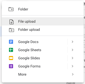 Shows the file upload button in Google Drive