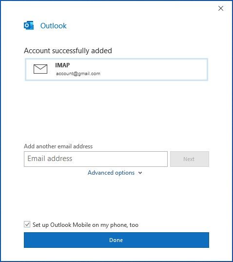 Shows the success screen for adding an email account to Outlook