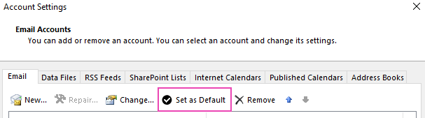 The Email Accounts settings pane in Windows showing how to set a default account