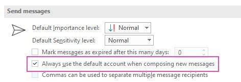 The Outlook Options screen showing where to select 'always use the default account'