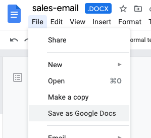 The file menu in Google Docs where you can select 'Save as Google Docs'