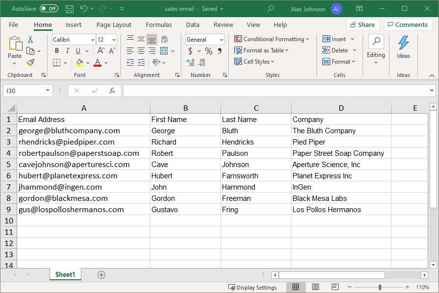 An Excel spreadsheet thats been prepared for a mail merge