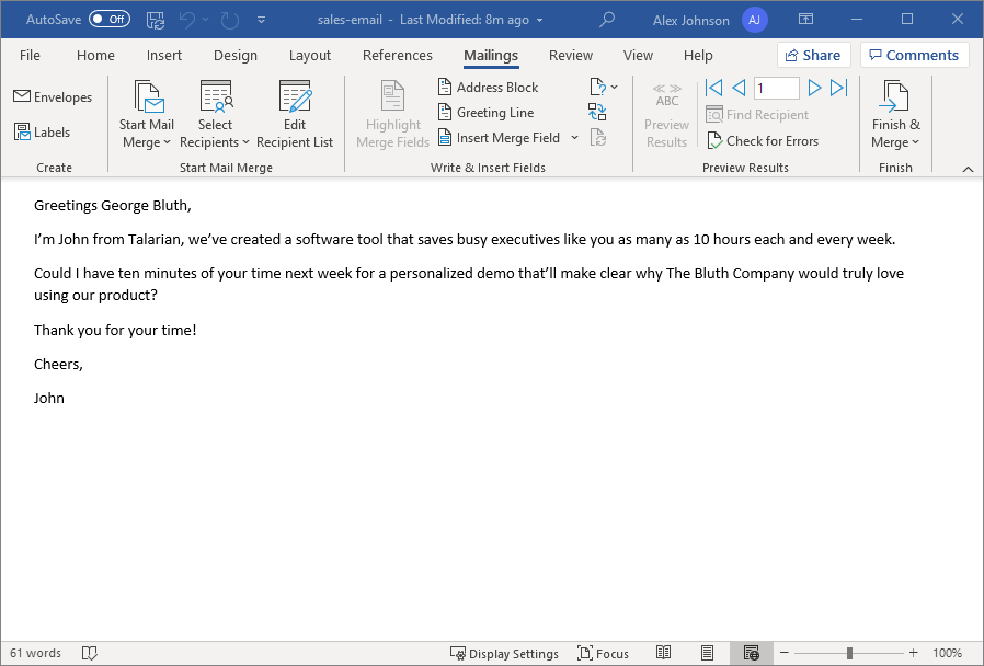 An email written in Microsoft Word to be used in Mail Merge