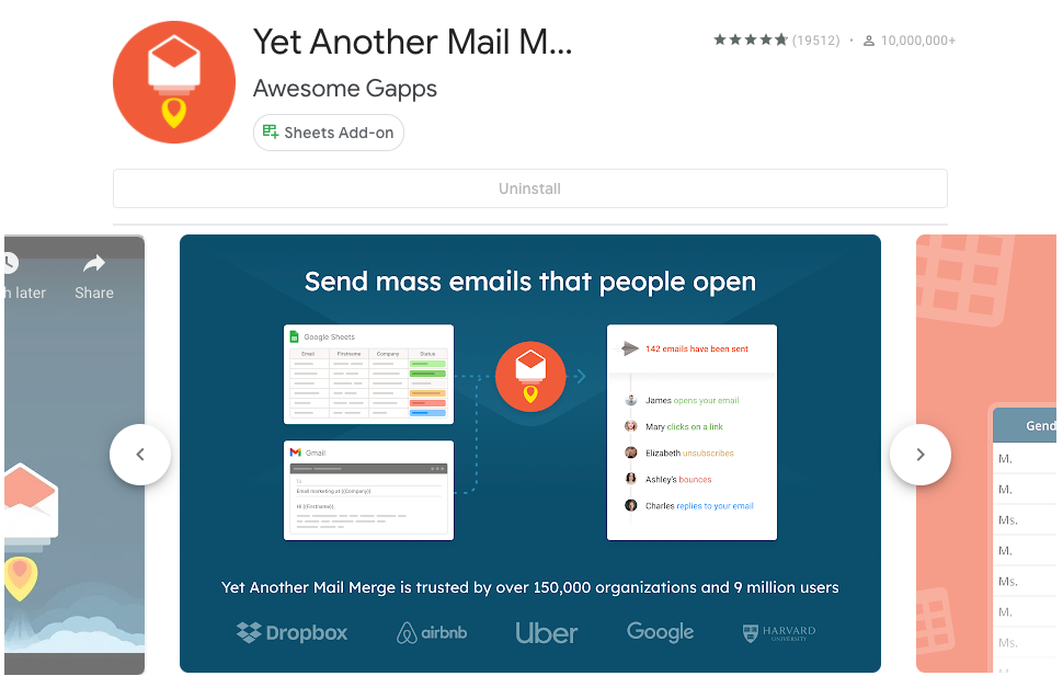 Installation screen for Yet Another Mail Merge add-on as seen in the Google Workspace Marketplace