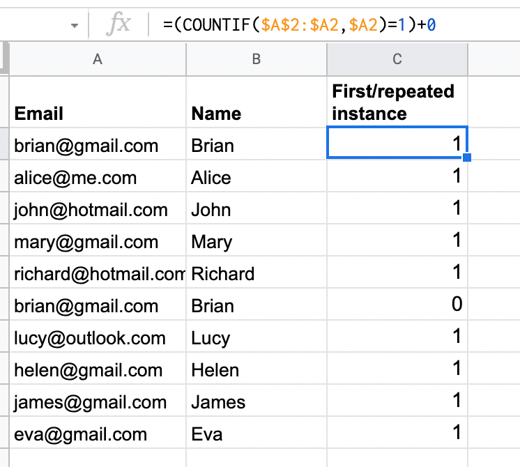 Use COUNTIF to find the first and repeated occurrences of a value