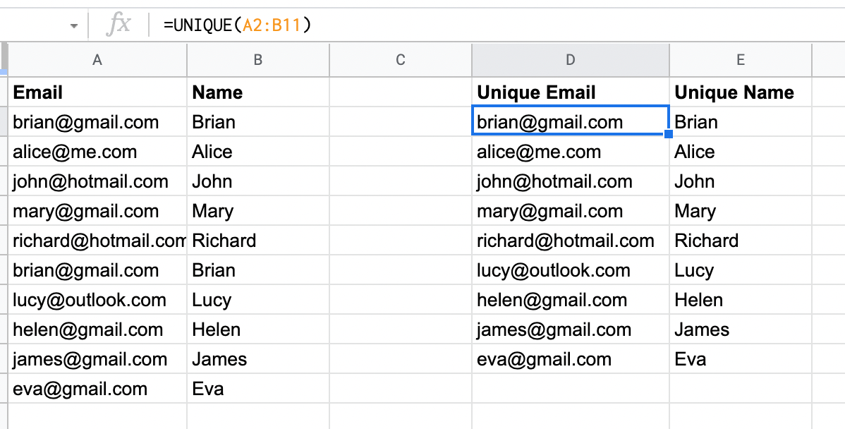 Update the range in the UNIQUE formula to get unique values from other columns