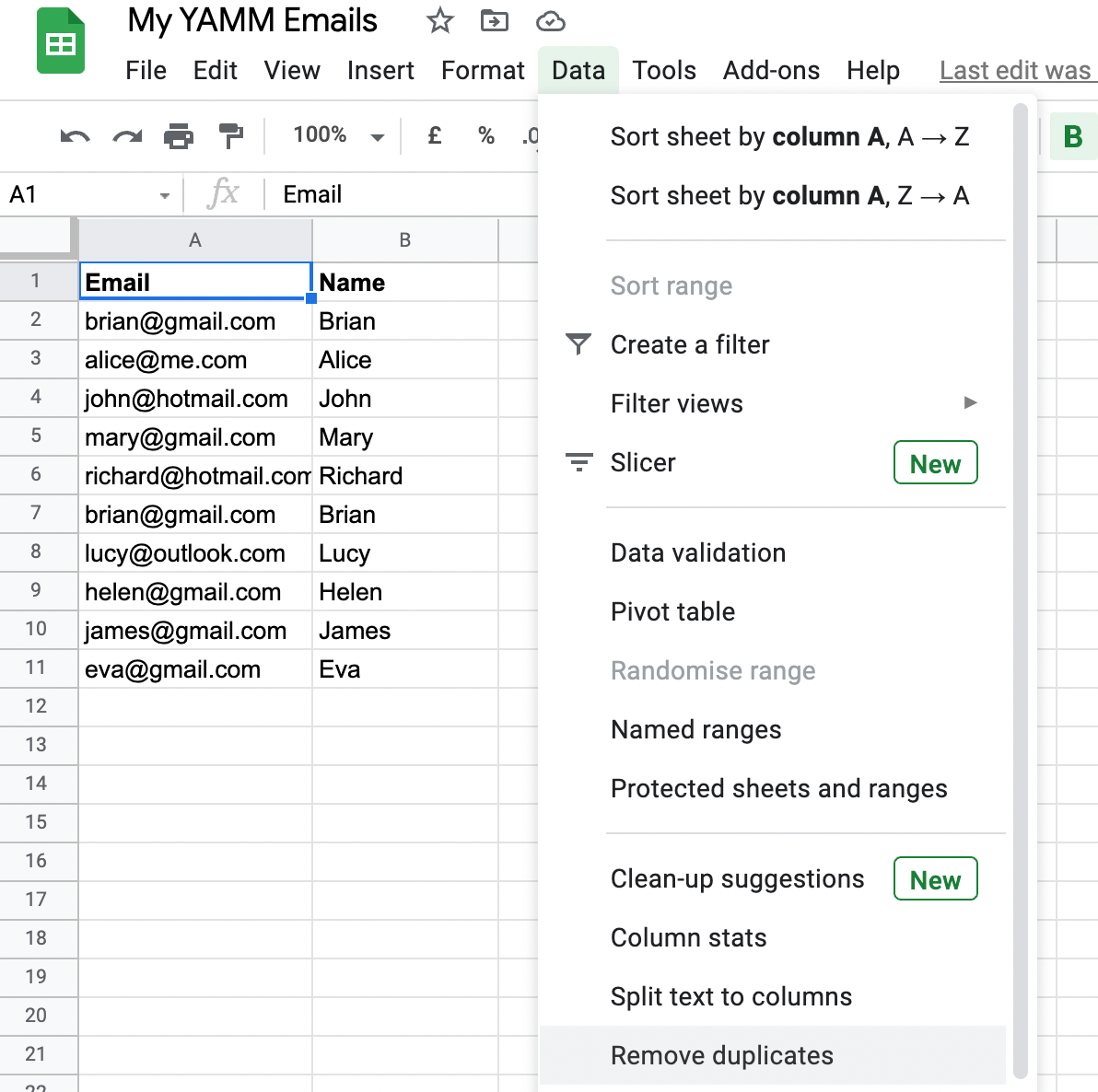 Click on the Data menu and select Remove Duplicates