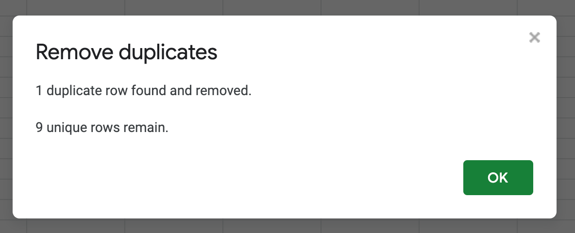 A pop-up informs how many duplicates were removed