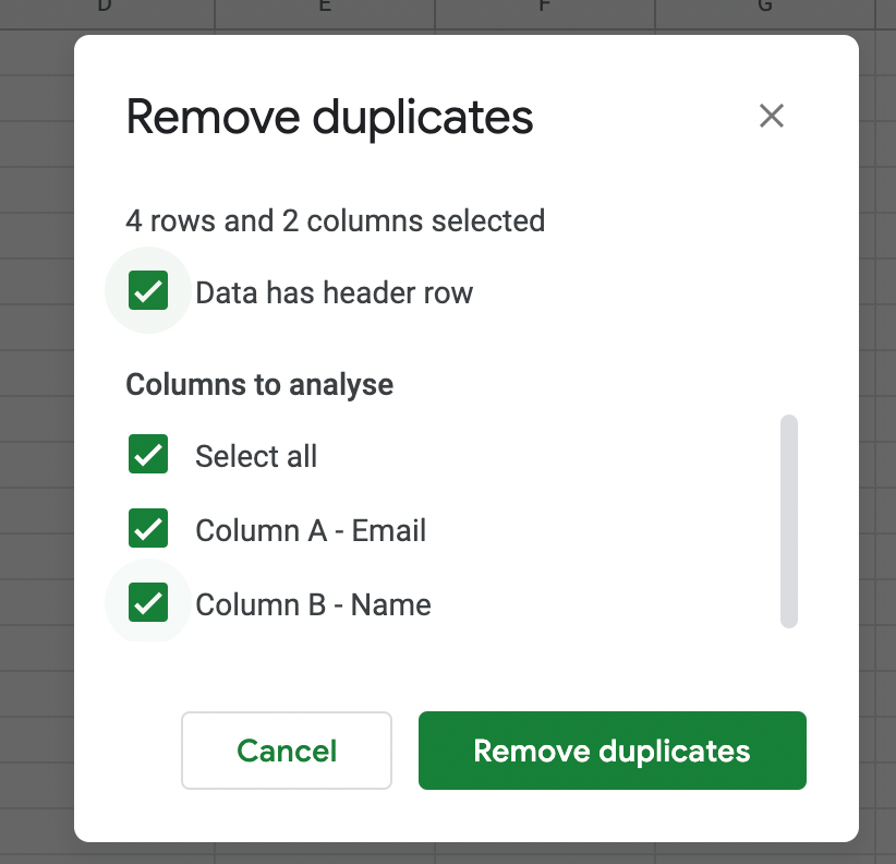 Check both columns to be analyzed for duplicates