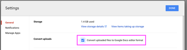 The detailed settings view for Google Drive with 