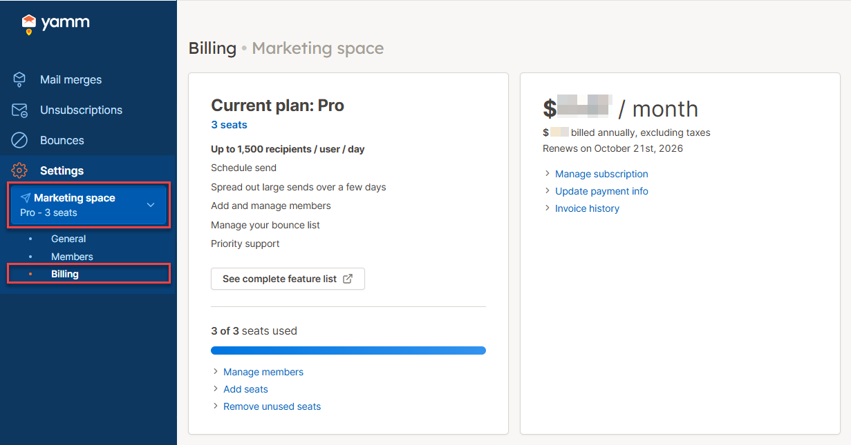 YAMM dashboard billing paid 3 on 3