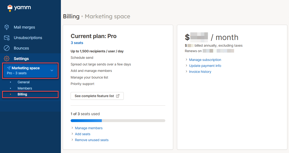 YAMM dashboard billing paid