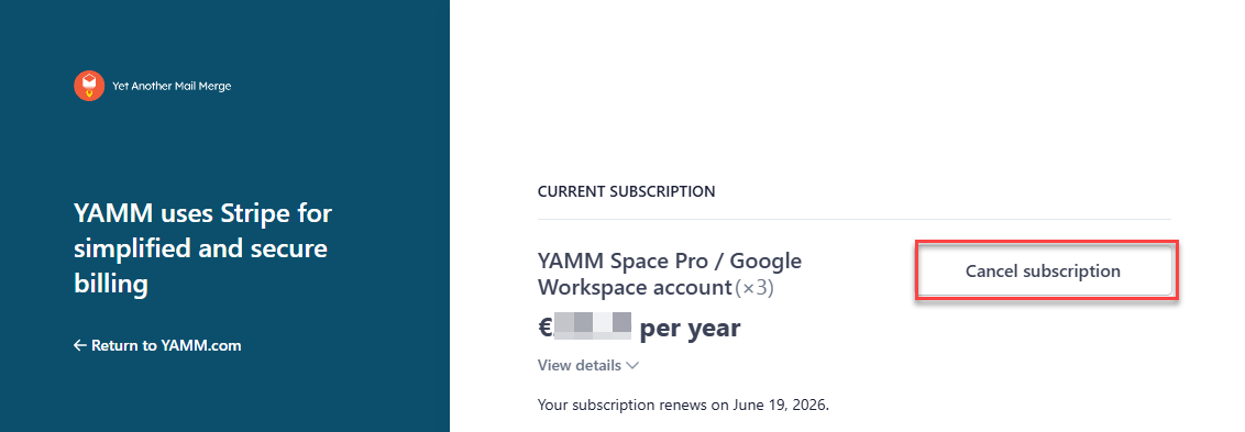 YAMM cancel subscription