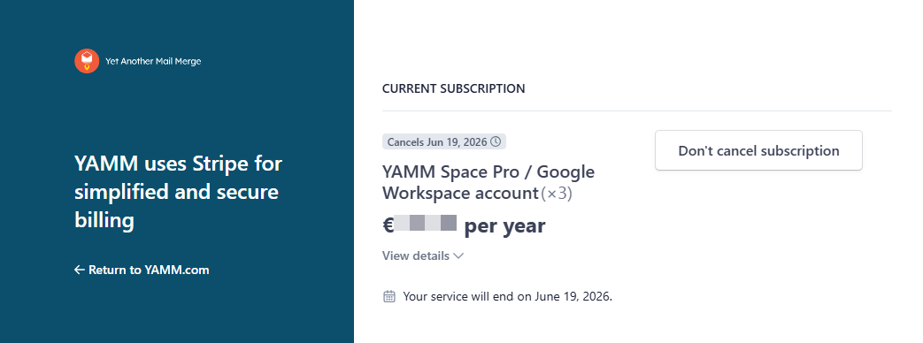 YAMM cancel subscription result