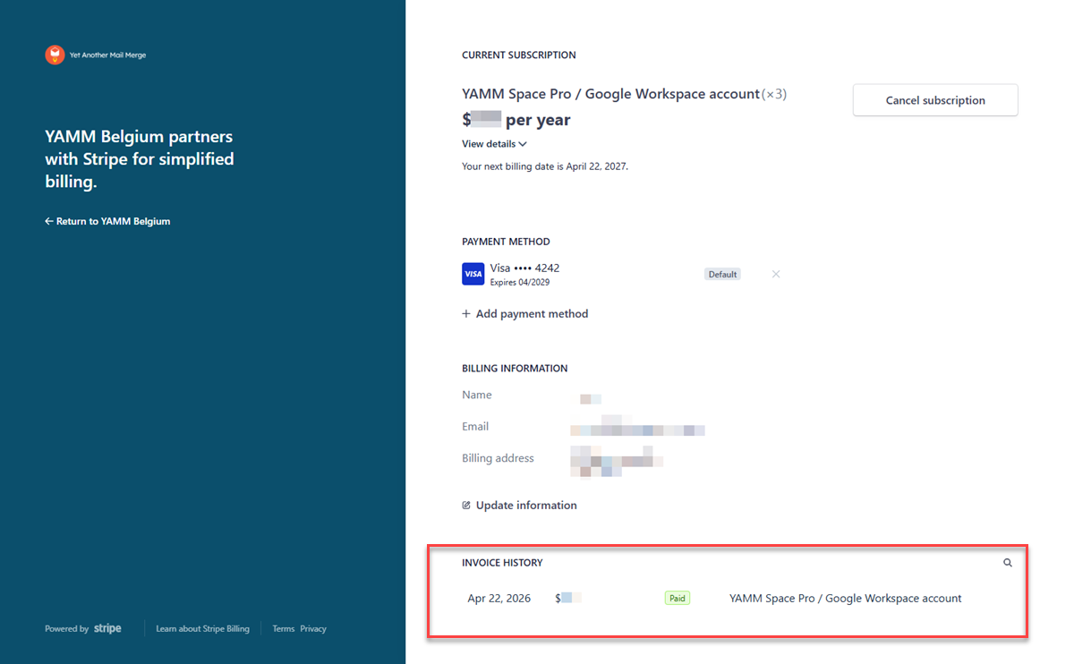 Stripe YAMM billing page review billing history