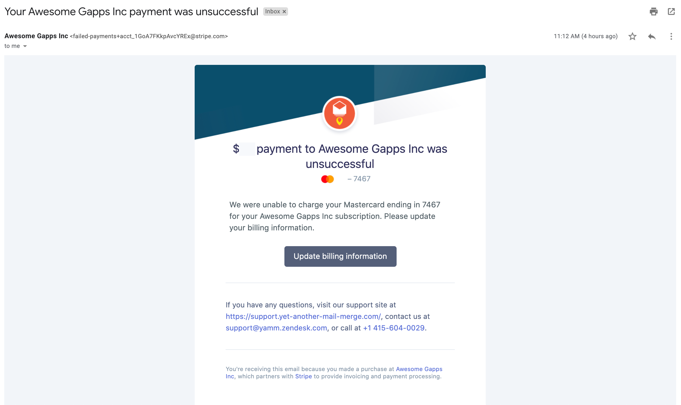 Unsuccessful payment email