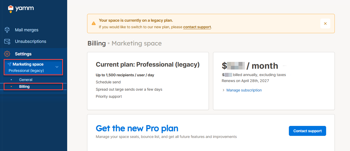 In your YAMM dashboard click Billing