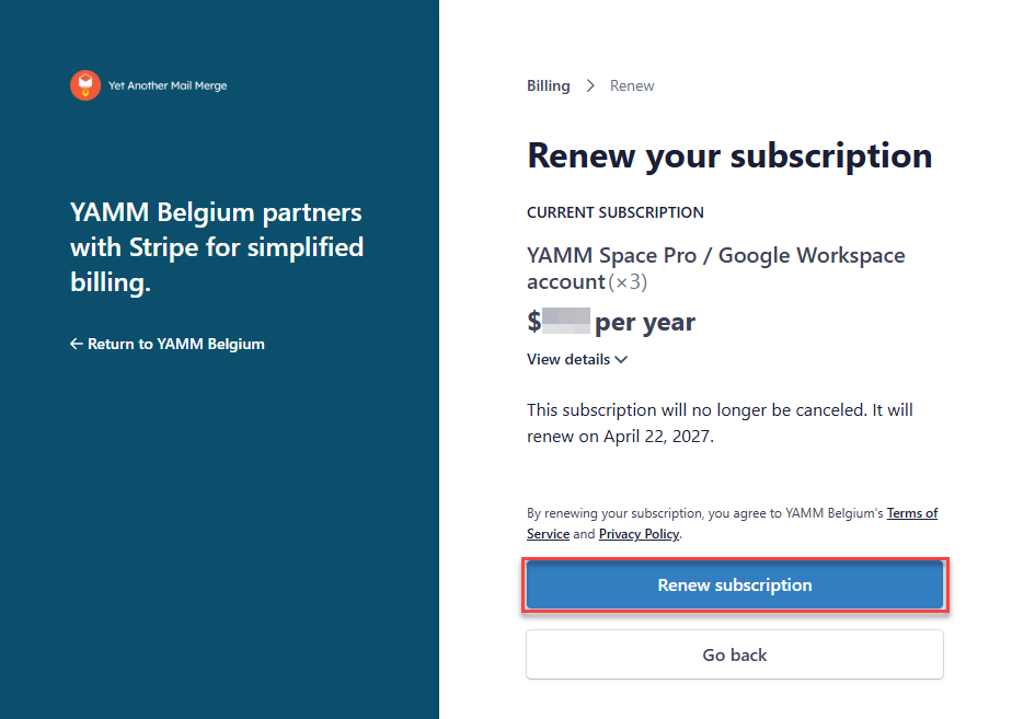 Renew subscription confirm renew plan