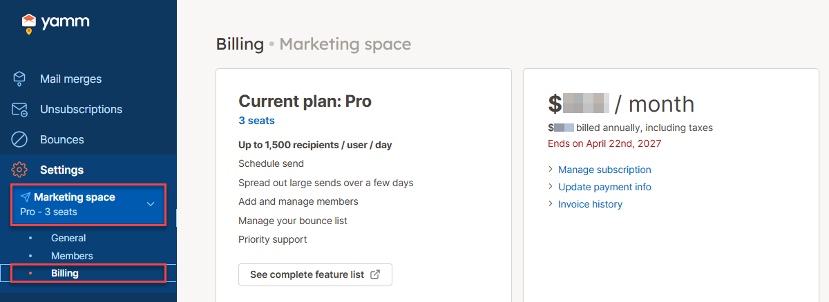 YAMM dashboard billing paid