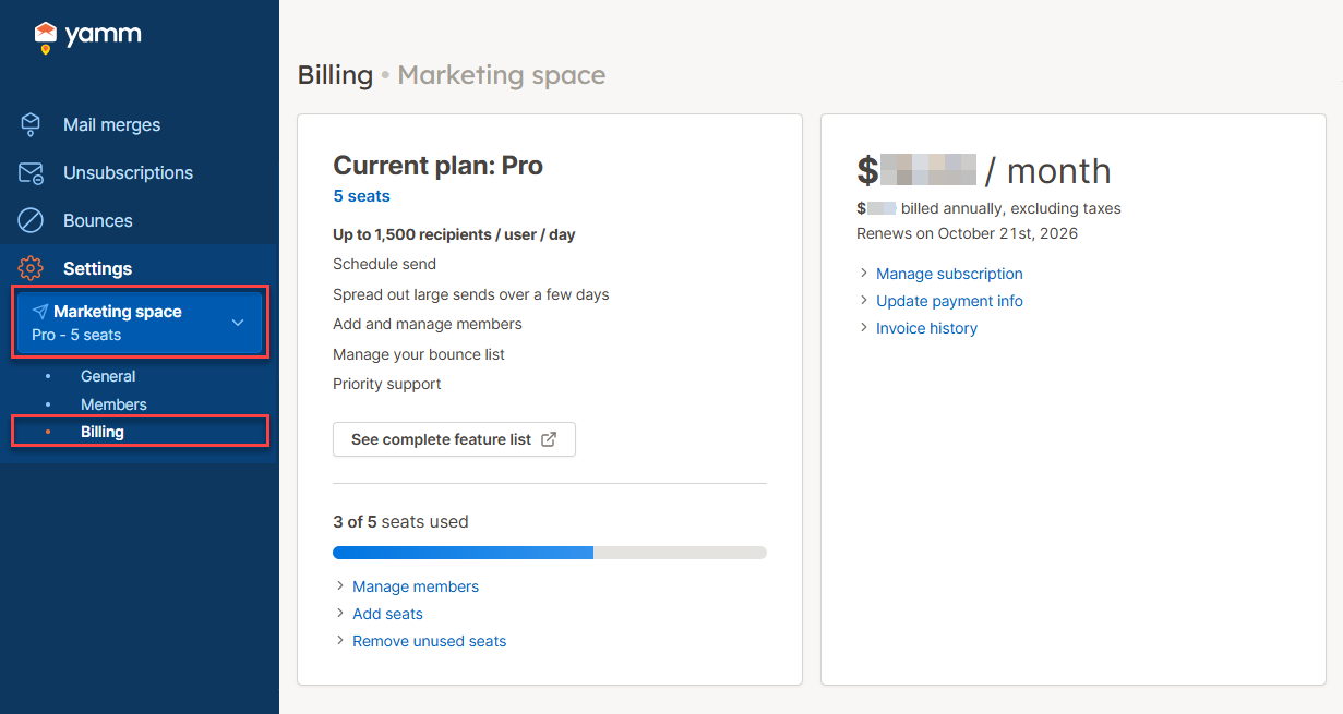 YAMM dashboard remove unused seats billing