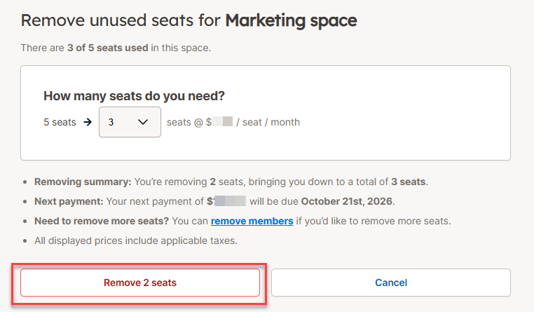 YAMM dashboard remove unused seats choose