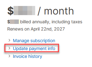 YAMM web app click update payment info