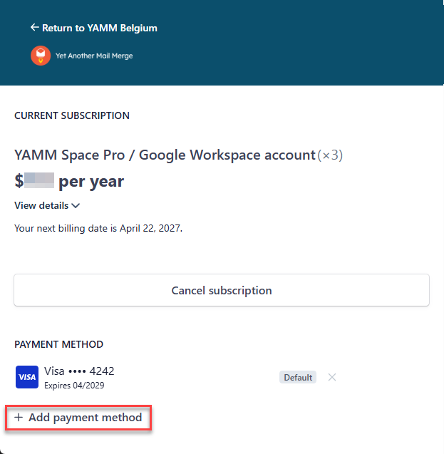 Stripe YAMM billing page click add payment method