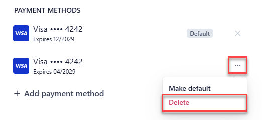 Stripe YAMM billing page delete old payment method