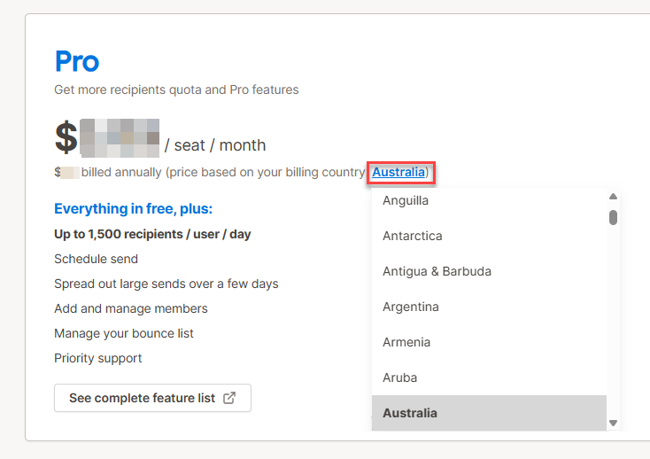 YAMM dashboard billing country
