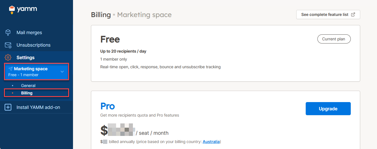 YAMM dashboard billing free
