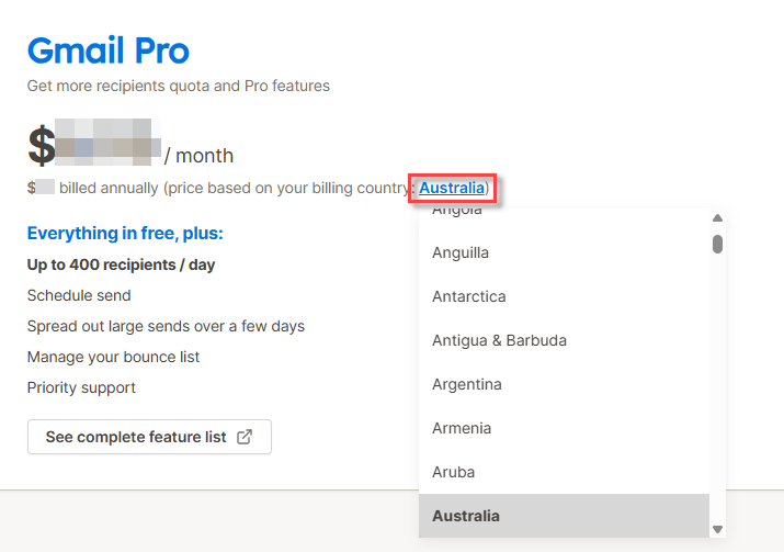 YAMM dashboard billing country