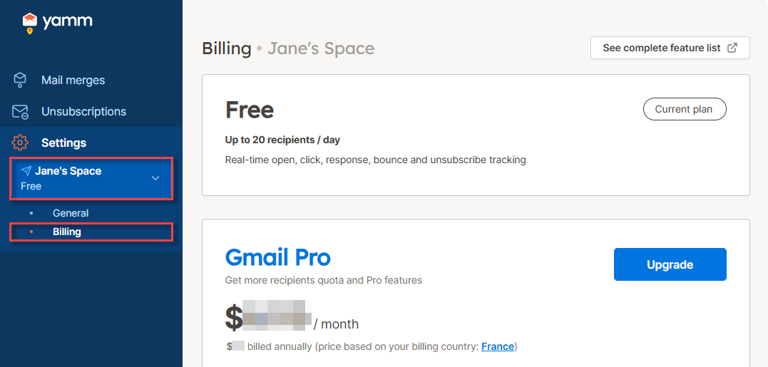 YAMM dashboard billing free