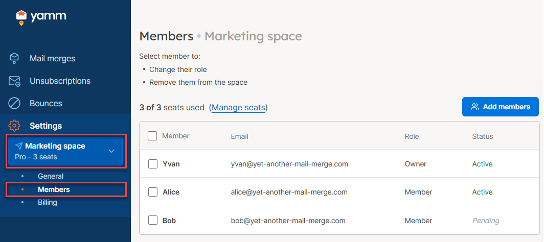 YAMM dashboard users 3 pending