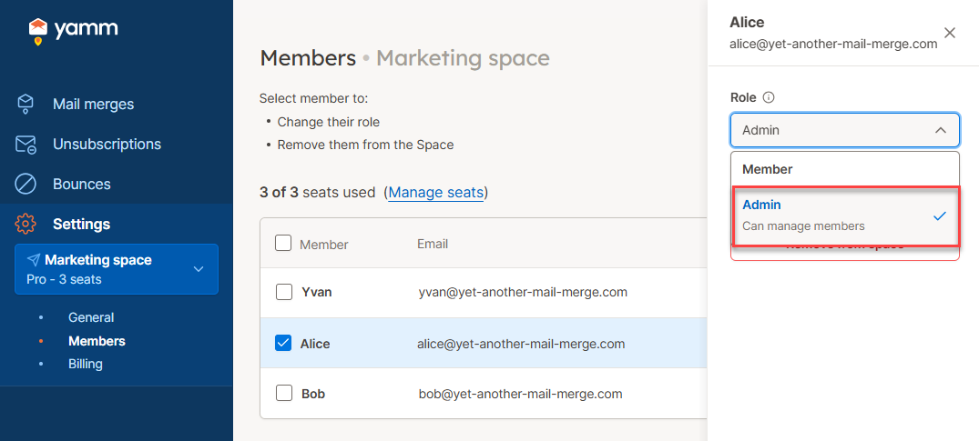 YAMM dashboard assign role