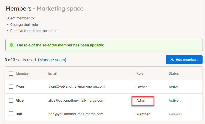 YAMM dashboard assign role result