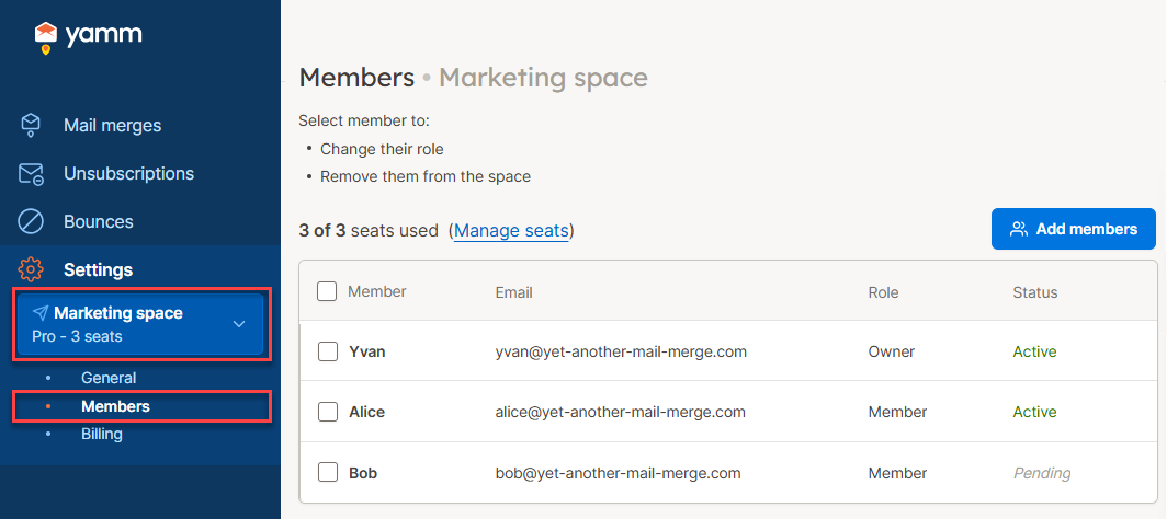 YAMM dashboard users 3 pending