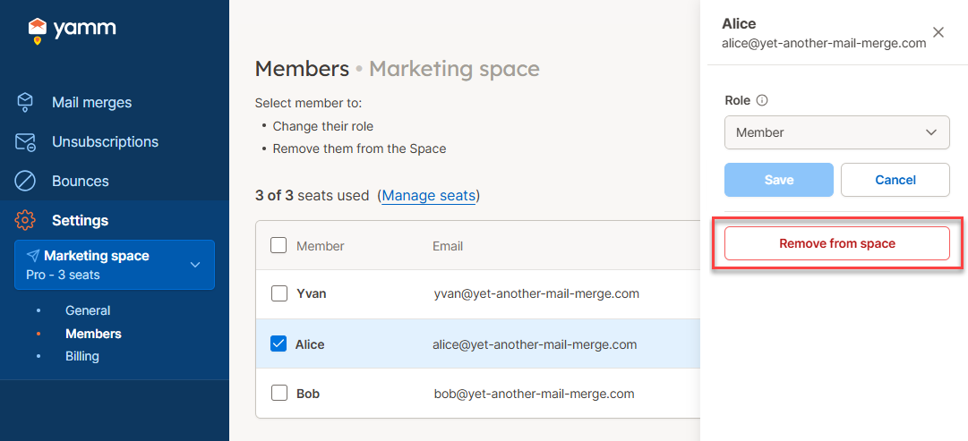 YAMM dashboard remove user
