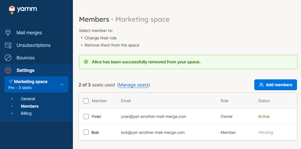 YAMM dashboard remove user result