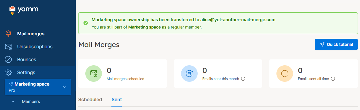 YAMM dashboard owner transfer result