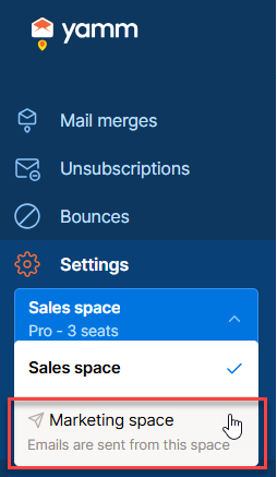 Space switcher in the YAMM dashboard sidebar, with a second space listed below the current one