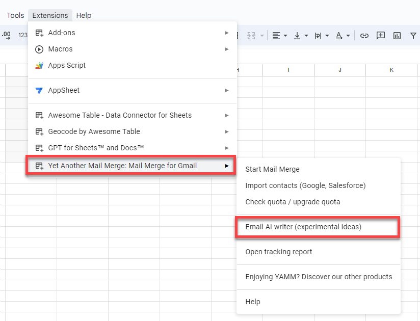 Email AI writer (experimental ideas) in the Yet Another Mail Merge submenu of the Extensions menu