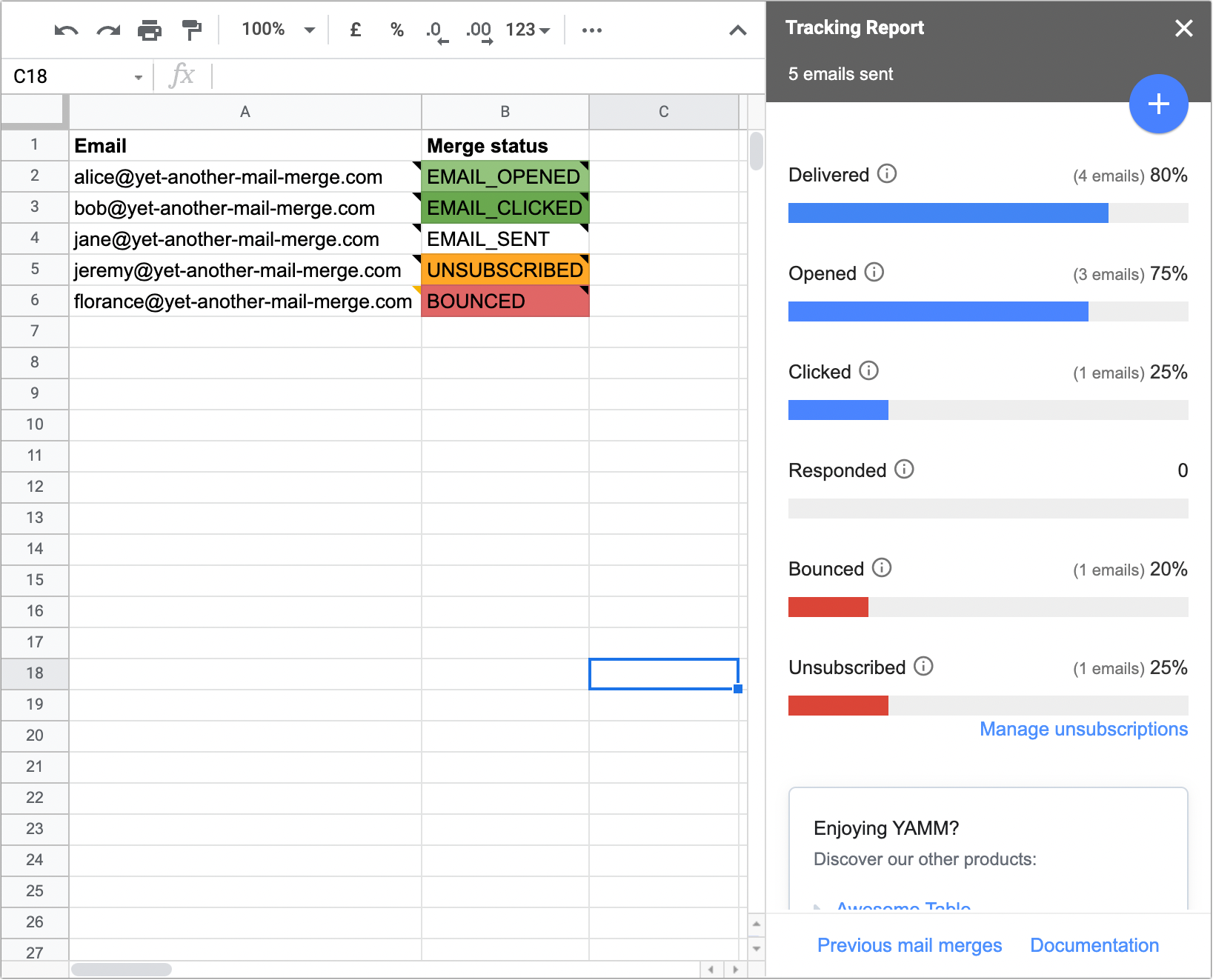 YAMM click tracking results