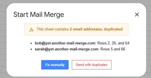 Start Mail Merge warning that the sheet contains duplicated email addresses, listing the affected rows with Fix manually and Send with duplicates buttons