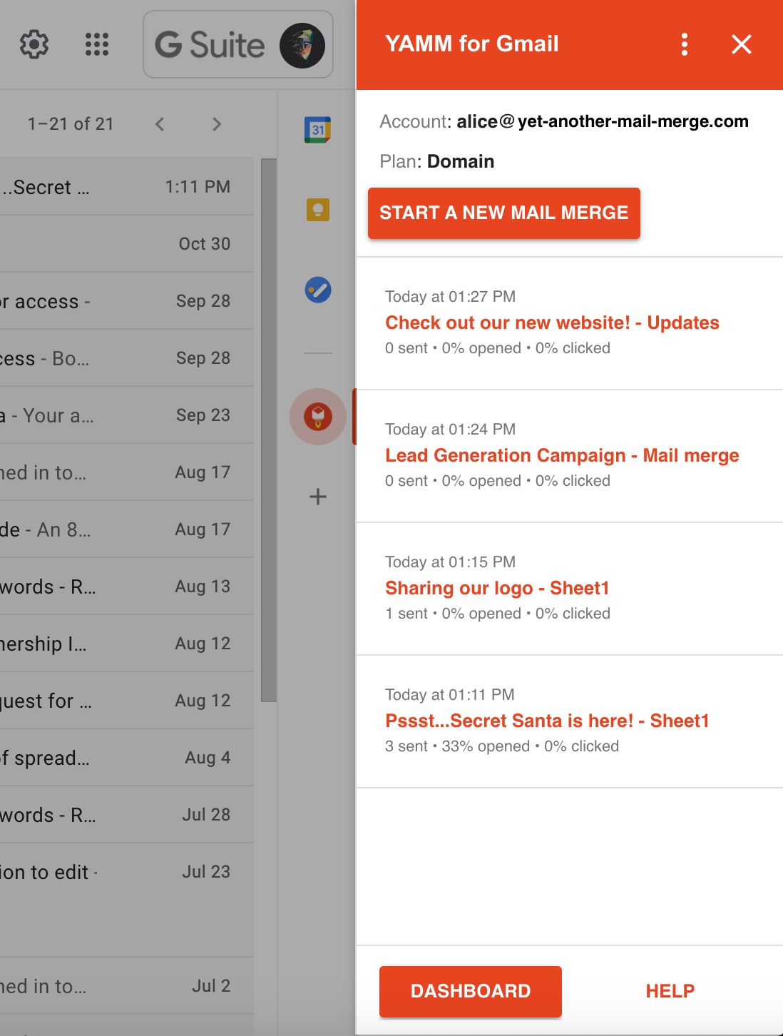 YAMM dashboard Gmail addon 2