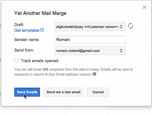 Progress bar displayed while emails are sending