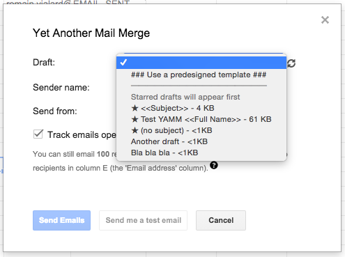 Starred drafts listed first in the email template selector