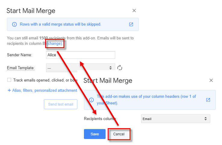 Start Mail Merge window with a change link next to the detected recipients column, opening a Recipients column selector