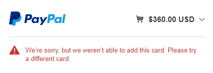 PayPal error: can't add your card
